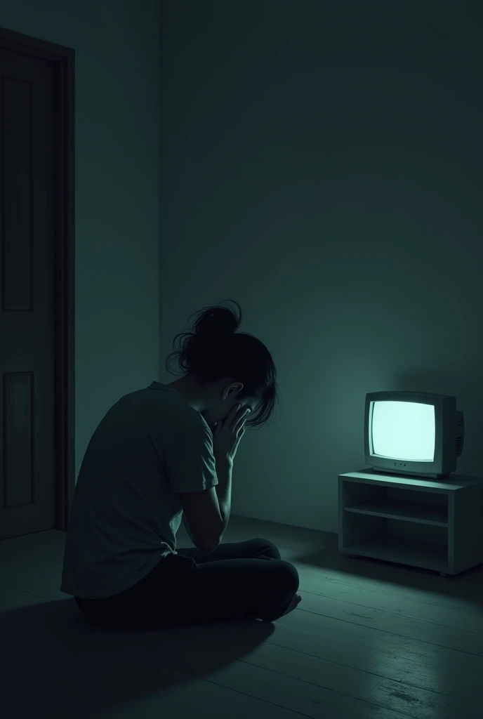 Sad person with their hands on their face alone in a room with a TV in front of them