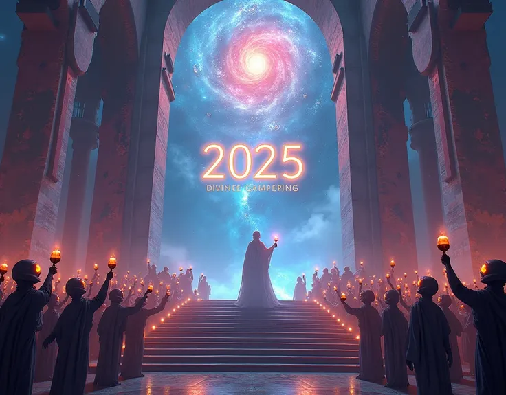 A symbol of a the text words "New Year 2025" on divinity guardian of the galaxies in a giant structure like a galactic gateway with steps, cheering alien people in a crowded holding wine glass, vibrant multi-colored, H. R. Geiger style, Cyberpunk, Steampun...