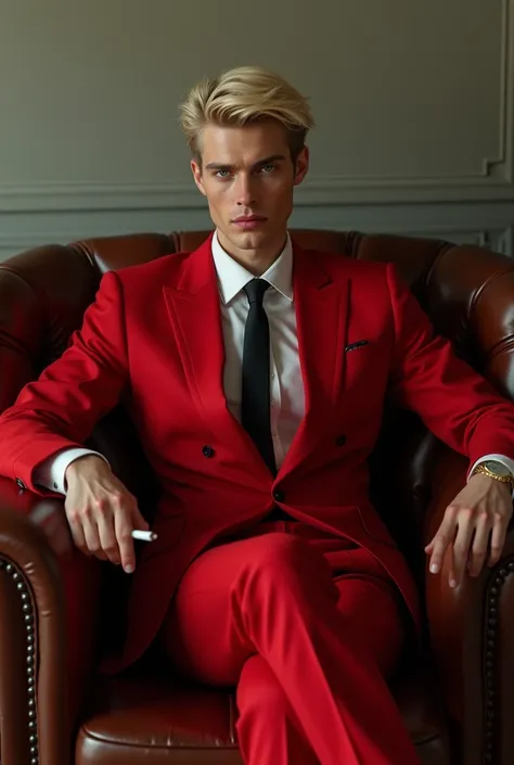 Draw a man with blond hair a man in a red suit with pale blue eyes holding a cigarette in his hand and sitting on a leather sofa 