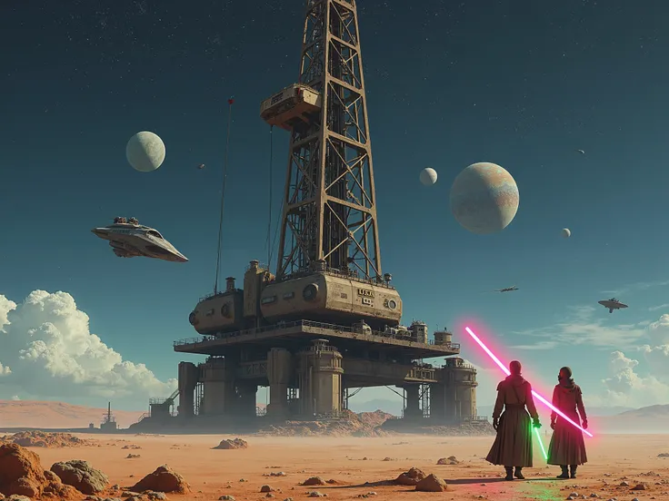  Heres an image of a LARGE terrestrial drill rig,  to this image I want you to put a background of stars and planets , Starwars-style ships , people in grey-brown tunics , one person has a green lightsaber ,  and the other female person must have a pink sa...