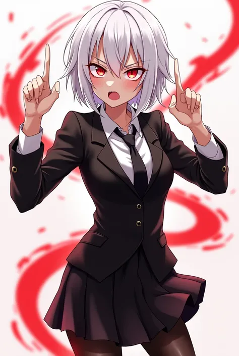 A serious and slightly angry anime girl with short white hair and a black tuxedo shirt and with a short black miniskirt and black tights and with a black tie and with bright red eyes, pointing with a red aura and a threatening pose and her head slightly ti...