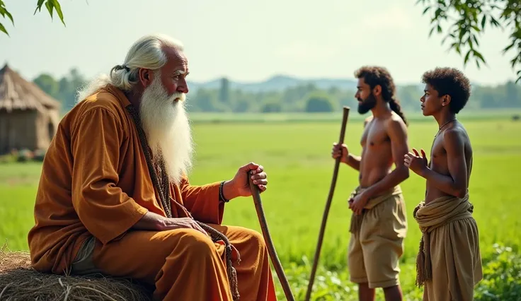 A rural setting with an open field, greenery in the background, and a few village huts visible. An elder (long white beard, traditional attire, holding a walking stick) is seated on the village platform. The farmer (simple attire, a spade on his shoulder) ...