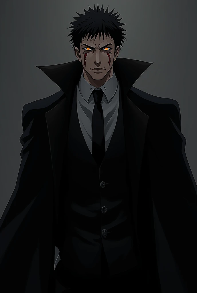 Face is Gut in anime berserk wear a black Simple Suit, and black coat, Anime styles.Gut in Berserk , Anime 