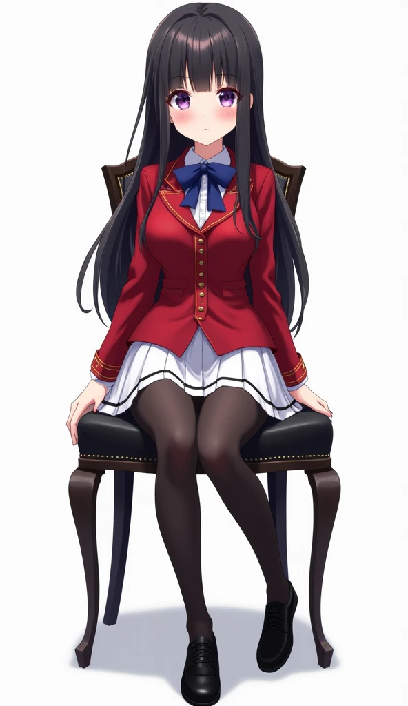 Teenage woman animates long black hair and purple eyes and with red blazer and deep blue ribbon and gold lines and gold buttons and short pleated white skirt With a simple design but with black decorative lines on the lower edge and black tights and black ...