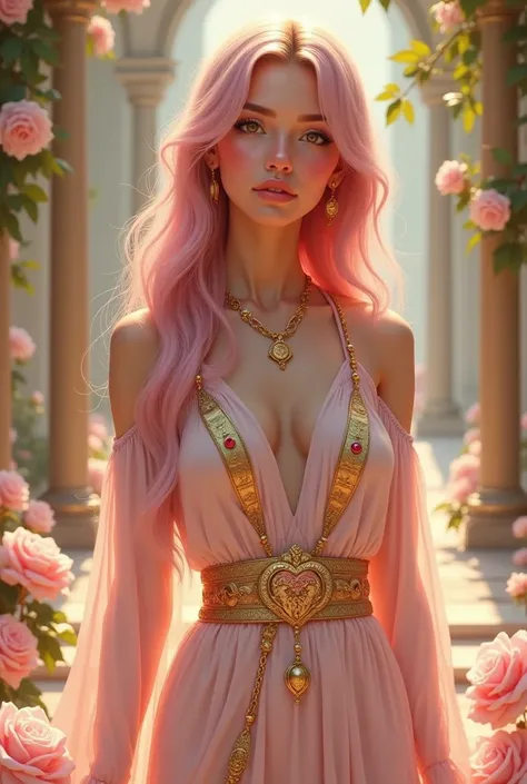 Create an image of a stunning, divine young woman named Aphrodisia, aged around 16 but appearing eternally youthful, with a flawless body and ethereal beauty. She has radiant, soft pink hair that cascades in gentle waves, and her golden, expressive eyes sh...