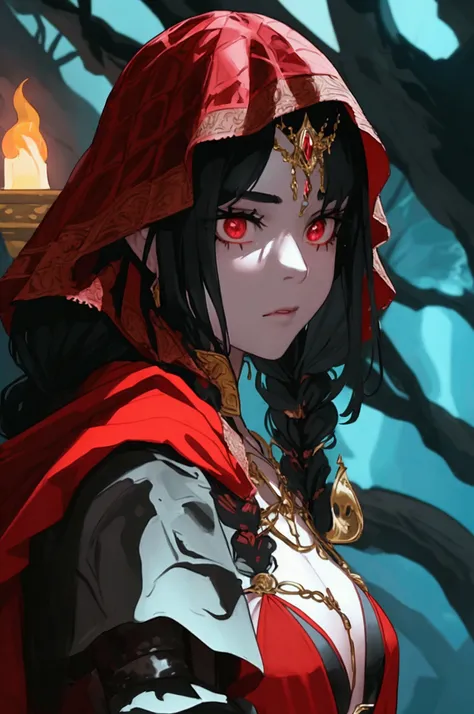 A heroin girl in a dark cave, silhouette of a dark menacing creature in the background, the girl is in a red cloak, beautiful princess, brave and noble, wearing a bikini armor, beautiful black hair, shimmering ring on her finger, holding one sword, , jewel...