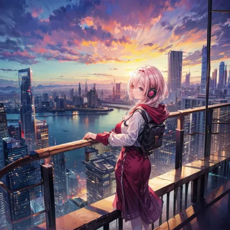 Composition of a girl looking at a fantastic view from an observatory, The cityscape unfolding below your eyes, The sun is rising, night, Fantastic sunrise, Scenery from the observatory, Pink-haired girl with headphones,  wide angle shot,  back view, scene...