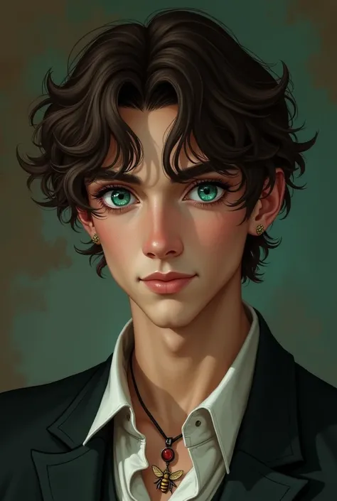 Create an image of a handsome man , with aqua eyes,  brown hair ,almond eye shape, high, elegant, mysterious, white, with fangs, a bee necklace given to him by his mother, he is muscular but not too much his hair is curly but not so exaggerated he has a ma...