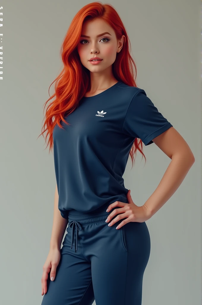  red-haired woman wearing an Adidas shirt (dark blue color) blue sweatpants . with a thin waist and thick legs 