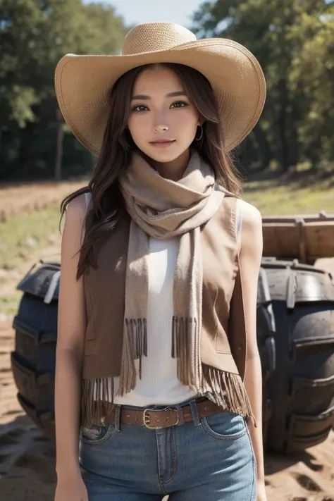 Portrait of a beautiful woman on a muddy farm:1.2 ,  cowboy hat,  Fringed Vest  , pants,  scarf ,  Confidence  ,  Medium Bust ,