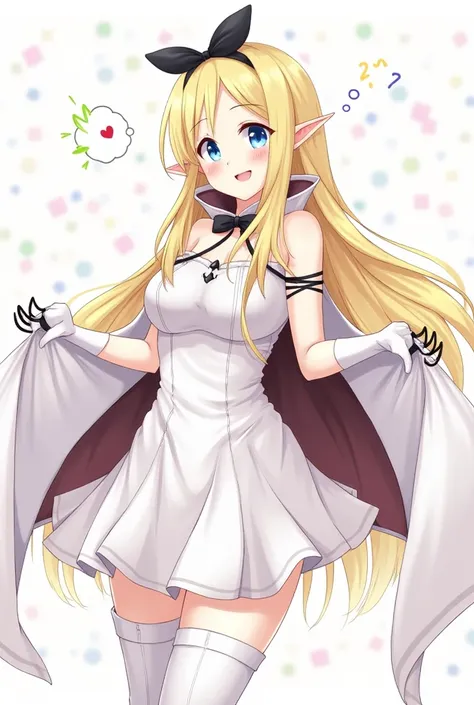 saren_(princess_connect!),bangs, black_bow, blonde_hair, blue_eyes, blush, bow, breasts, cape, cloak, dress, elf, gloves, hair_bow, hair_ornament,long_hair,pointy_ears, smile, thighhighs,white skirt,,nipple slip, nipple exposed, nipple visible, nipple out,...