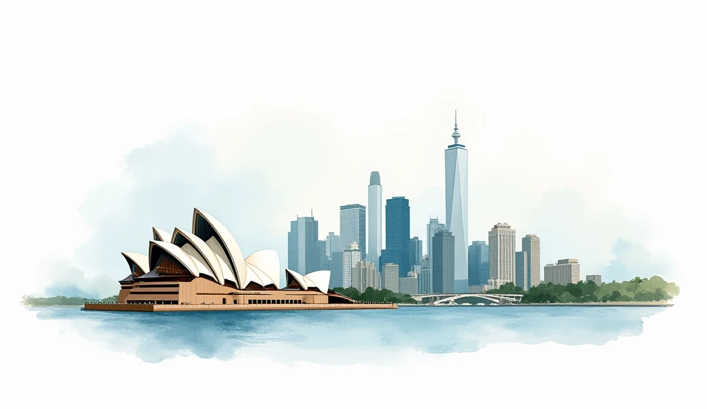 Watercolor Sydney city with the Sydney Opera House, a scenic cityscape against a white background. Travel concept, light and airy brushwork, soft blues and earthy tones, high resolution, inviting and serene