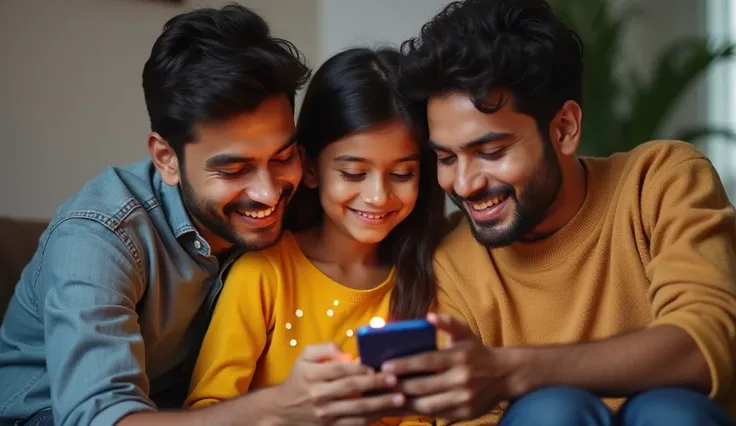 A happy Indian family sitting together, holding a new smartphone. The background shows a modern, comfortable home with subtle digital particles glowing around the smartphone. Text highlights the benefit: Affordable Smartphone for Every Family!"