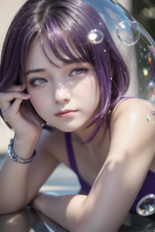 Alone,  1 girl,  purple eyes,  purple hair, bubble,  Watch Viewers ,  Portrait,  with semi-closed eyes ,  short hair with shadows,   closed mouth ,shiny bubbles,bubbles, colour shining in bubble, reflective bubbles,bubbles ,bubbles all around, turning into...