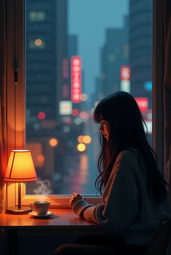 "A melancholic girl with long, flowing hair sitting by a window, gazing at a rainy cityscape during twilight. The room is dimly lit with warm, orange-hued lighting from a desk lamp. She wears a cozy oversized sweater, and a steaming cup of tea rests on the...