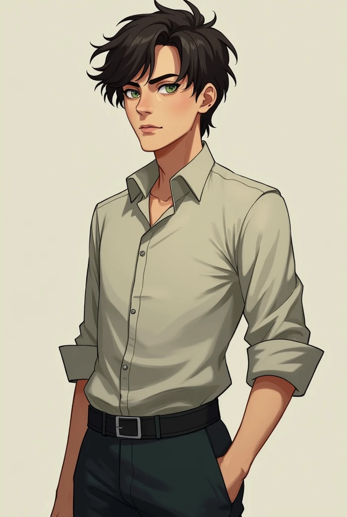 Ok,  now I want you to create an image of a character using that style and my guidelines.

 Elias has a medium height and short hair ,  dark brown hair,  slightly disordered .  Your eyes are penetrating ,  of a dark green shade .  He wears simple clothes ,...