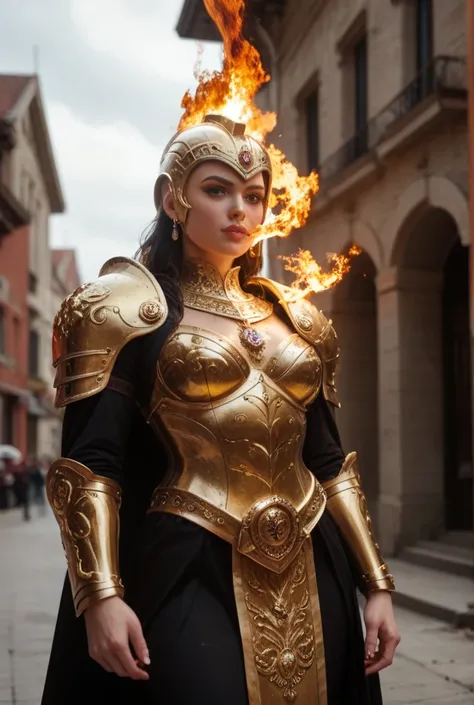  Beautiful and tall woman with black hair that reaches her hips    ,    wearing gold armor with her abdomen exposed    ,      showing abdomen     ,      You have fair skin your eyes are completely bright yellow ,  She has a golden helmet attached to her ow...