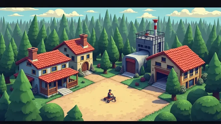 Create a scene that looks like it belongs in a PlayStation 1 game. The scene should have a low-polygon aesthetic with visible edges, pixelated textures, and limited color depth. Include a simple environment such as a small town square, a forest clearing, o...