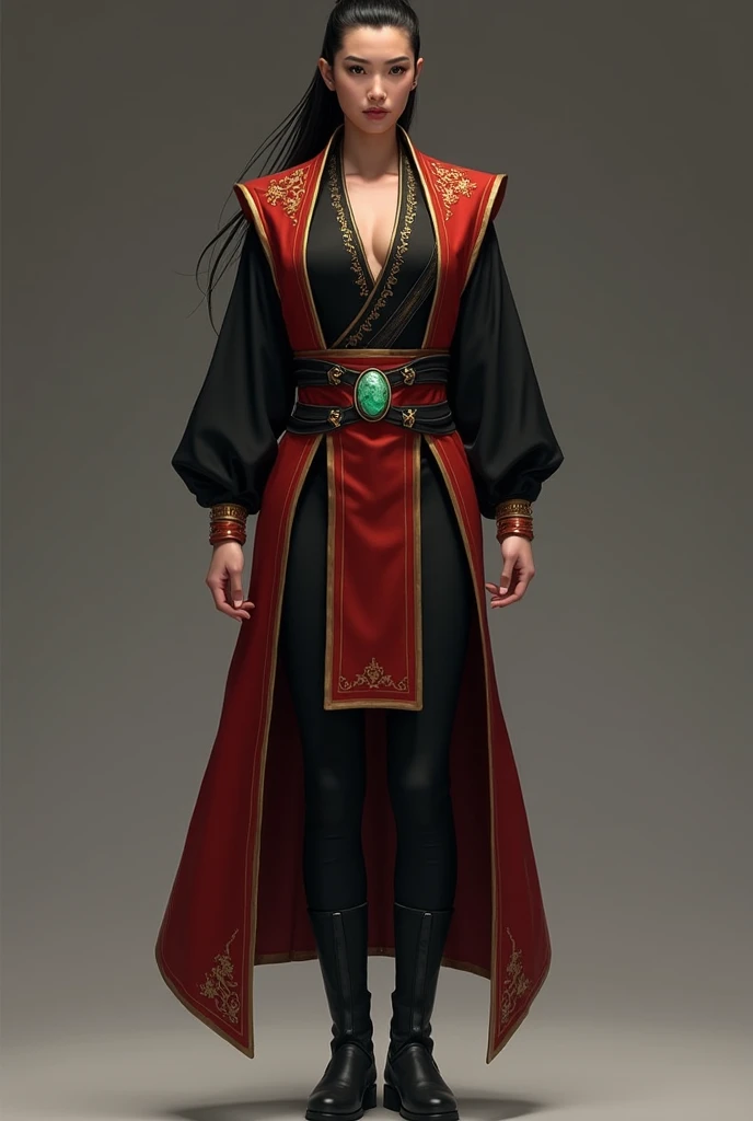 Shang Tsung from Mortal Kombat as a woman with small breast and straight smooth legs, wearing a black kimono shirt with gold accents, black pants, black boots with a gold X, and a crimson vest-like robe with gold trim. He also wears a belt with a jade ston...