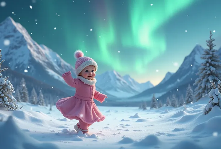 a  baby girl in a nordic valley with snow, she is dancing, and aurora lights 