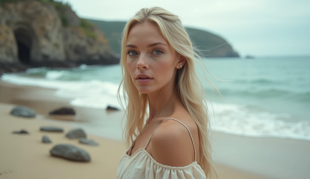 Create a realistic cinematic image of a woman inspired by Northern European women with a beach in the background 