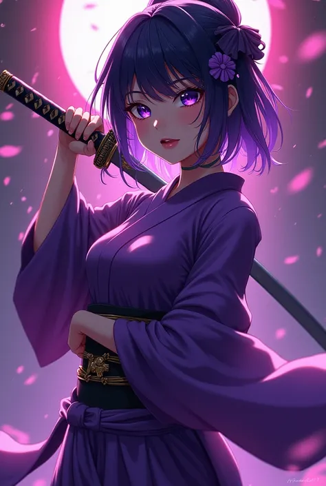 Anime 2D, dark Violet hair girl,with hot face, with violet eyes, with violet full japanese outfit and medium breasts , holding a katana, 