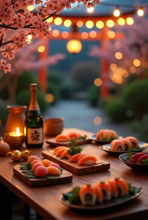 A cozy Japanese dinner table set outdoors under the glow of fairy lights and surrounded by sakura branches. Sushi rolls, nigiri, and sashimi are beautifully arranged on wooden boards with accents of natural greenery. The table includes traditional sake cup...