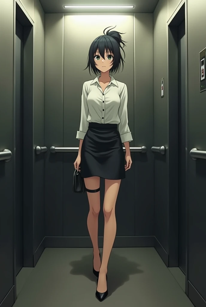 A japanese woman with d breasts size a messy bun wearing a Office woman shirt and Office woman skirt and hig heels  inside a stuck  elevator being fuck by a japanese  20 yearl  old skyny man whit black  short  hair and black  glases in anime style