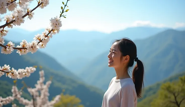 Half-body photograph of a Thai woman standing and admiring the beauty of cherry blossoms. happy face

a serene mountain landscape. In the foreground, branches adorned with white cherry blossoms spread diagonally from the lower left to the upper right corne...