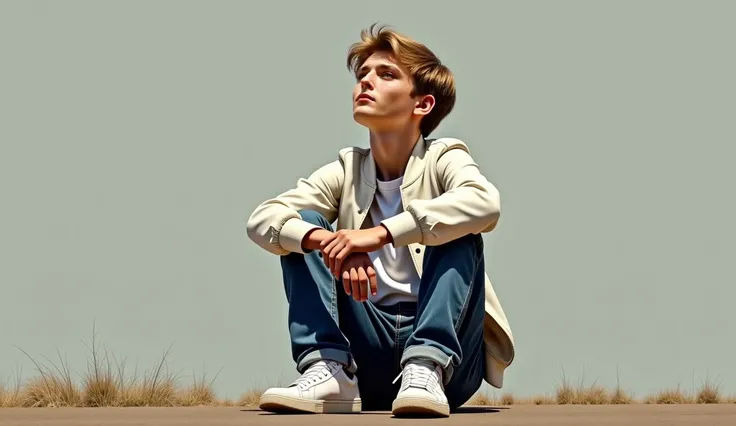  barron trump sitting flat on the ground leaning his hands to his knees. barron trump looking up at the sky .  barron trumo wearing jeans sneakers white bomber jacket 