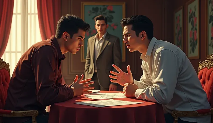 A dramatic scene of two young men (Nanan’s sons) arguing in a richly decorated living room. Papers and property documents are scattered on a table. Nanan watches silently, his face a mix of pain and helplessness.