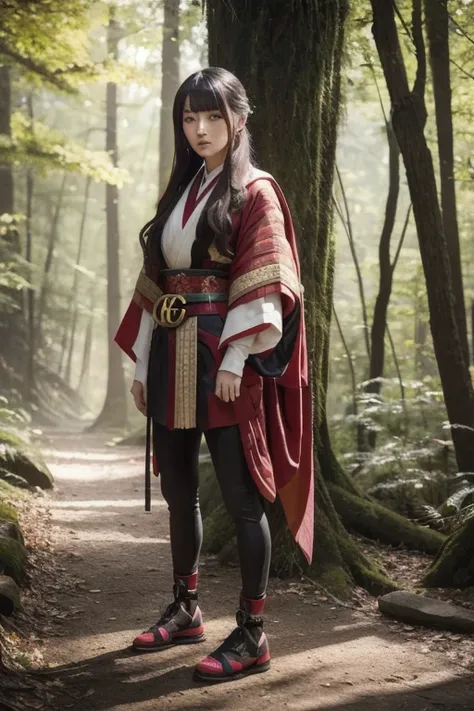 4K,  realistic,  detailed,  Theres a girl in the woods , She is a samurai, War Theme, Soft clothes,  long hair, Wearing leggings, Age 25,  full body,  wearing Gucci shoes