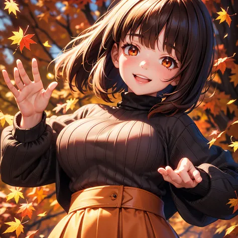   1girl, autumn, autumn leaves, black sweater, bob cut, brown coat, brown skirt, smile mouth, coat, large breasts, leaf, leaf background, long sleeves, looking at viewer, medium hair, off shoulder, orange background, red eyes, red hair, ribbed sweater, ski...