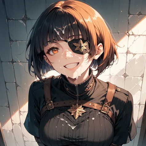 1woman,orange eyes,small eyes,short hair,bob hair,blunt bangs,medium breasts,(black eyepatch),wear eyepatch,Masterpiece,arms behind back,smile,cum on face,cum on face,