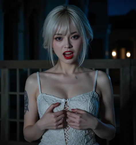 (((A female vampire)))、 Silver Hair、vampires 、 tattoo、 open your mouth、(2本の長くて鋭い歯:1.7)、(Vampires sharp teeth:1.3)、 (((my double teeth are growing long)))、My two sharp teeth 、There is a fangs、very beautiful woman、 sexy dress、Background Western castle at mid...