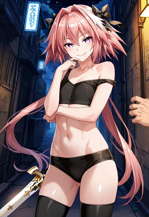 astolfo fate,flat chest,tomboy, super fine illustrations, Super detailed details, Space opera, with sword, shiny, Perfect body, ambiguous gender, mature, Very long hair, flipped hair, asymmetrical bangs, extremely detailed face, seductive smile, bright pup...