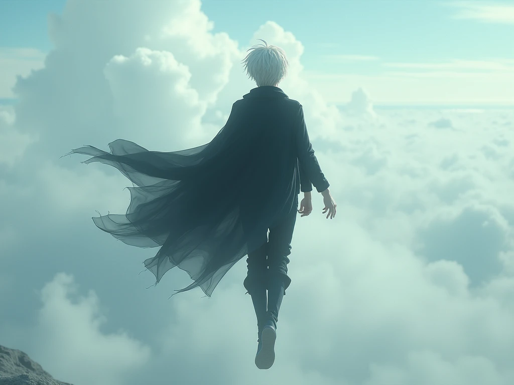 A young man with short, pale white hair wearing dark clothing is seen floating high in the sky, walking on air. His back is turned. The wind flows against him.