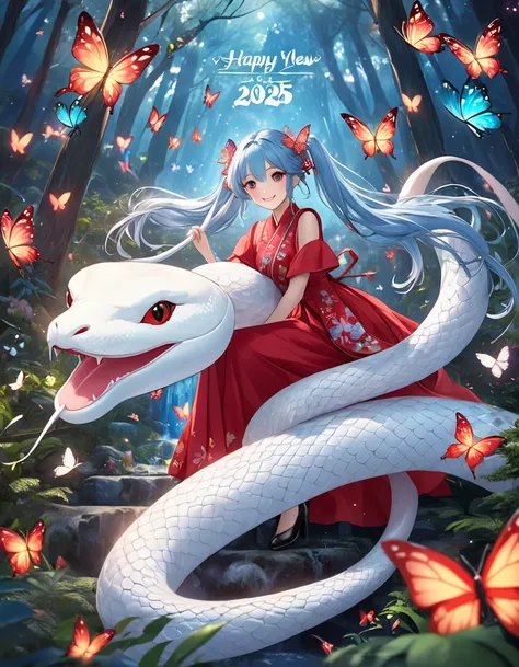  light blue long hair、 Beautiful Girl with Twin Tails 、smile、 dark eyes、 cute crimson dress 、A big white snake in a mysterious forest、 fantasy world 、 glowing butterflies are flying、2025 happy new year