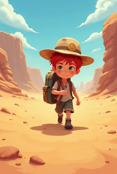 boy,  he is a traveler , He is , He has a backpack ,  his hair is red , hes in the desert ,  on his hat ,  hes sweating,  in cartoon style