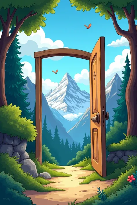 Create a door open cartoon image then outside view is Mount ,sky, in nature beauty