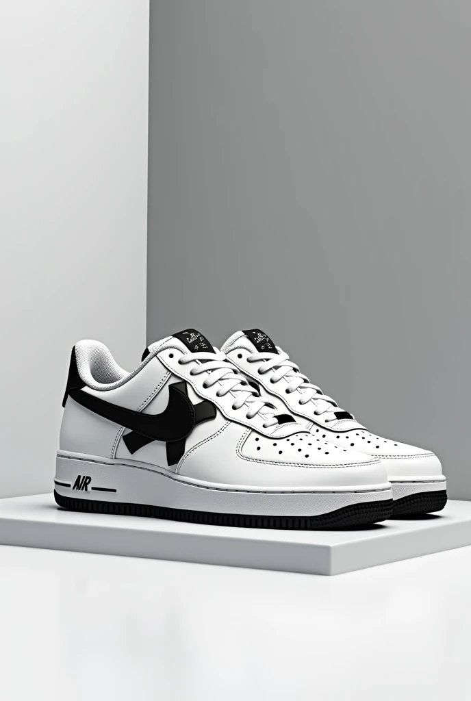  Generate white sneakers with black ,  for Air Force 1 ,  with a large black X on the side, Black shoelaces , black sole.