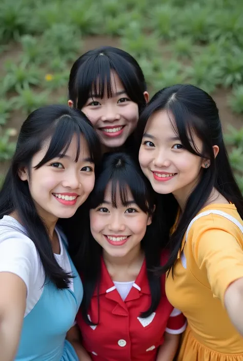 Four black haired Indonesian women dressed in touhou style cosplay, flat chested posing for selfies together, realistic photo, pentil di baju