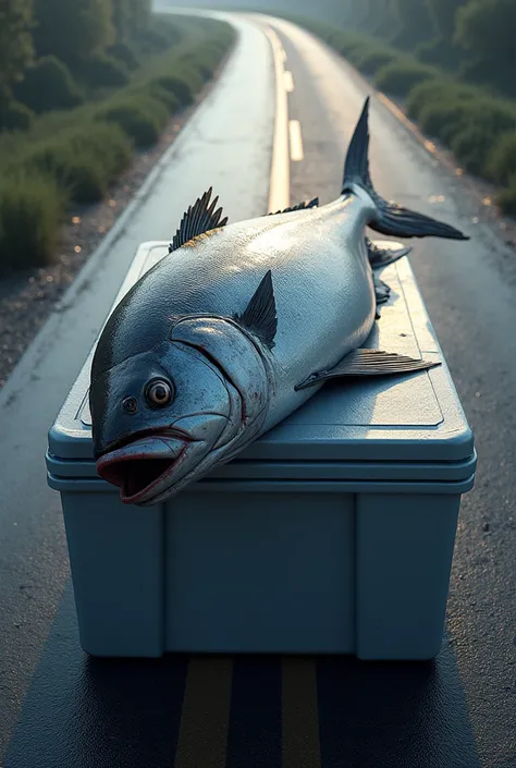 One fish on big rectangle ice box, tale touch ground on road 