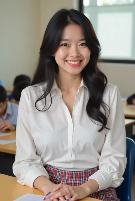 masterpiece,  top quality, 8k,  Wear loose clothing , *********、옷을 입은  big boobs 、(((((((()))))))),(( big boobs :1.3)), Photo shoot,  cute face during war , Thigh, classroom, Embarrassing 、smile、 Reward , 10s,  detailed face, Background blur、 long hair、 bl...