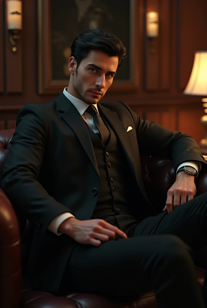 Draw a man sitting on a leather sofa in a black suit gray suit with dark green eyes with black hair 