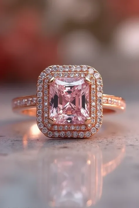 A gold banded engagement ring. Centre stone is a rounded Princess cut rare pink Diamond, set in a square claw with a double halo of smaller clear diamonds. 