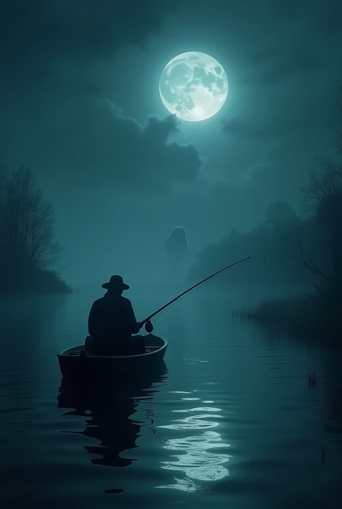 A fisherman is fishing alone with a boat  in a river late at night with ghosts behind him. Terrible environment. Jinn chases him in dark night. Some spirit make a horrorabol cine like horror cat with A big horror fish 