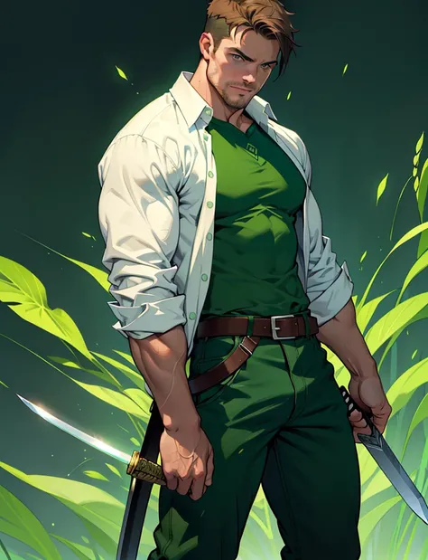 1 man, male focus solo,45 yo man,Stephen AMELL as green arrow,  lean muscle, ((open dark green shirt, dark green jeans with brown belt)) ,(( big bulge)), full body shot, dark blond short hair, well groomed facial hair, (((holding a sword with one hand))), ...