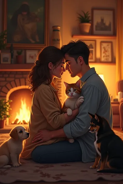 A woman and her husband meeting and dog and cat and another pets fire