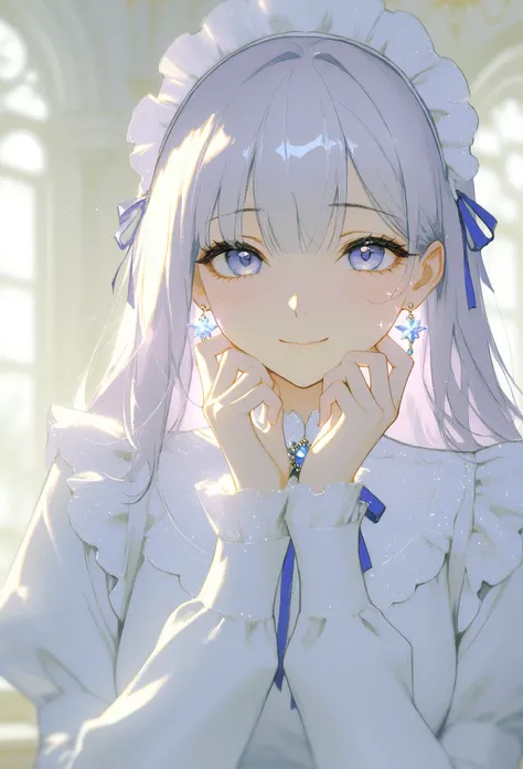 (masterpiece, best quality, high resolution, 8k, detailed),(masterpiece, best quality, high resolution, 8k, detailed), A cheerful young girl with light lavender hair styled in straight bangs, wearing a blue and white maid outfit. She has a soft smile and i...